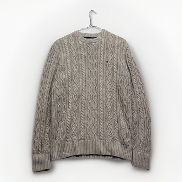 Tommy Hilfiger Retro Cable Knit Fishermans Chunky Sweater Mens L Beige / Sand - Picture 1 of 14